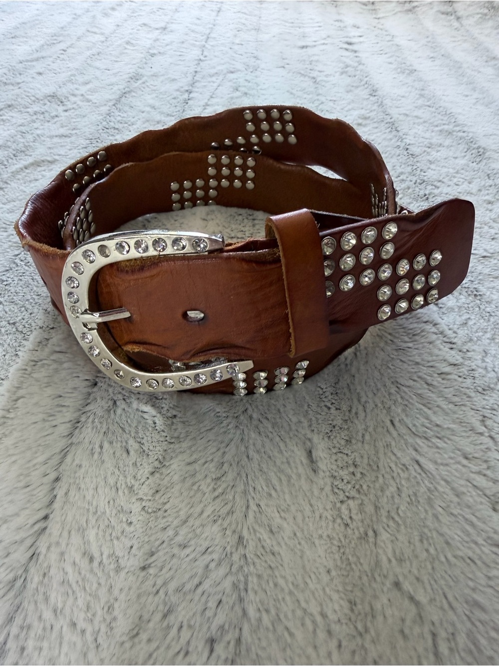 Brown Leather Belt Womens Silver Tone Buckle Rhinestones